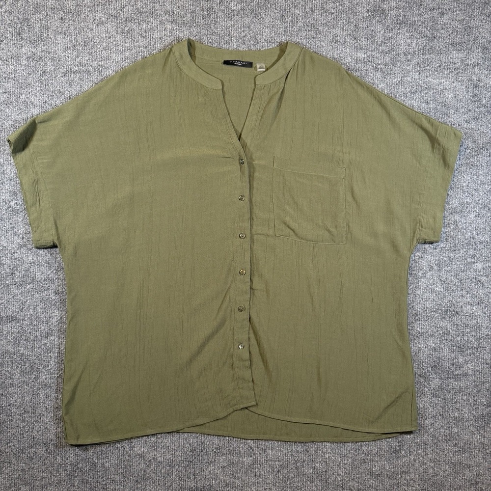 T Tahari Womens 1X Elbow Sleeve Button Up Shirt Olive Green Flowy Boxy